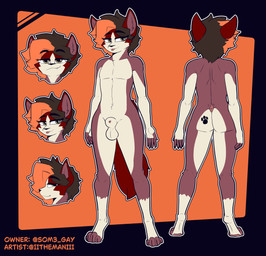 4_toes animal_genitalia anthro balls black_nose blep butt canine_genitalia feet fluffy fluffy_tail footprint fur genitals hair male nude orange_hair outline pawprint red_body red_fur red_hair simple_background smile solo standing tail tan_body tan_fur toes tongue tongue_out twitter_handle white_outline yellow_eyes the_man canid mammal 2026 absurd_res hi_res model_sheet