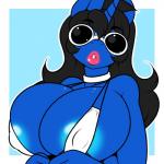 anthro areola big_breasts black_hair breasts clothed clothing eyewear female hair horn lipstick makeup solo sunglasses swimwear kloudmutt hasbro my_little_pony mythology fan_character klodette equid equine mammal mythological_creature mythological_equine unicorn 1:1 2019 hi_res