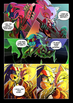 alternate_costume anthro blush bodily_fluids clothing concert dialogue duet duo eyeliner eyes_closed eyewear female guitar hair hero jacket lyrics makeup male male/female musical_instrument plucked_string_instrument ponytail princess rock_(genre) royalty singing speech_bubble string_instrument sunglasses sweat text topwear chila_artz sega sonic_forces sonic_speed_simulator sonic_the_hedgehog_(series) blaze_the_cat sonic_the_hedgehog domestic_cat eulipotyphlan felid feline felis hedgehog mammal comic english_text hi_res