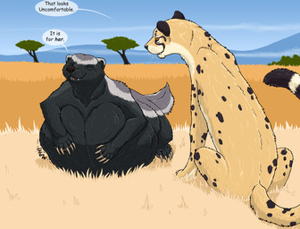 abdominal_bulge ambiguous_feral ambiguous_gender ambiguous_pred belly big_belly black_body black_fur brown_eyes claws dialogue duo eyes_closed feral feral_pred fur grey_body grey_fur hand_on_belly huge_belly markings outside plant quadruped resting_on_belly savanna sitting smile soft_vore speech_bubble spots spotted_body spotted_fur tail talking_feral tan_body tan_fur teeth text tree vore whiskers strega mdogo the_very_friendly_cheetah_(strega) badger cheetah felid feline honey_badger mammal mustelid musteline 2026 absurd_res english_text hi_res story story_in_description female_(lore) male_(lore)