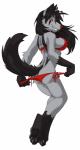 anthro anthrofied bikini black_hair breasts butt clothed clothing feet female grin hair long_hair looking_at_viewer looking_back pokemorph pose red_eyes side_boob simple_background skimpy smile solo swimwear teeth tight_clothing two-piece_swimsuit white_background yellow_sclera rinkai nintendo pokemon canid canine generation_3_pokemon mammal mightyena pokemon_(species) 2013 absurd_res hi_res