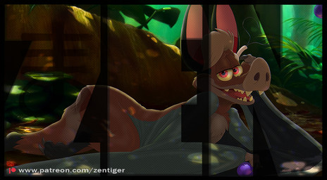 2023 bat batty_koda brown_body butt chest_tuft digital_drawing_(artwork) digital_media_(artwork) ferngully forest grey_wings looking_at_viewer lying male mammal narrowed_eyes on_side open_mouth outside plant red_eyes solo solo_focus tongue tree tuft wings wire zenthetiger