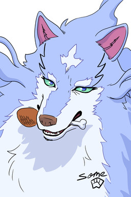 blue_body blue_eyes blue_fur bone ears_up eating eating_food feral fluffy food fur fur_markings looking_at_viewer male markings meat multicolored_body snout solo teeth white_body white_fur some_(someone) campfire_cooking_in_another_world_with_my_absurd_skill mythology fel_(campfire_cooking) canid canine canis mammal mythological_creature wolf 2:3 digital_drawing_(artwork) digital_media_(artwork) hi_res