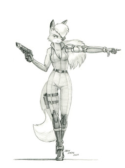 anthro belt boots breasts cleavage clothed clothing cybernetic_arm cybernetic_limb dipstick_ears dipstick_tail ear_markings ear_piercing ear_ring eyebrows female footwear gesture gun hair hand_gesture handgun holster jumpsuit long_hair markings multicolored_ears multicolored_tail piercing pointing ranged_weapon ring_piercing shoes solo tail tail_markings weapon baron_engel super_turbo_atomic_ninja_rabbit samantha_brown canid canine fox mammal 2021 graphite_(artwork) hi_res monochrome traditional_media_(artwork)