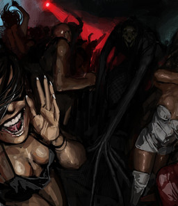 black_body black_clothing black_dress bone boots breasts cleavage clothed clothing colored_nails dancing down_blouse dress female fishnet_clothing footwear hair hair_over_eyes legwear long_fingers looking_at_viewer male nails nightclub nightmare_fuel open_mouth red_clothing red_dress red_light shoes skull skull_head split_jaw stare talking_to_viewer teratophilia thigh_boots thigh_highs white_clothing white_dress white_nails zarzaliel human humanoid mammal monster monstrous_humanoid hi_res