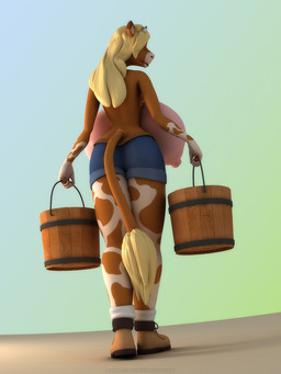anthro areola big_breasts blonde_hair breasts bucket clothed clothing container female fur hair horn huge_breasts hyper looking_back nipples simple_background smile solo topless anthroanim annabelle_cow bovid bovine cattle mammal 3:4 3d_(artwork) digital_media_(artwork) hi_res