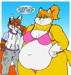 anthro belly bikini bottomwear breasts clothing deep_navel duo ear_piercing ear_ring female fur green_eyes hair industrial_piercing jacket male multicolored_body multicolored_fur navel obese obese_anthro obese_female orange_hair overweight overweight_anthro overweight_female pants piercing ponytail ring_piercing speech_bubble swimwear text thick_thighs topwear two-piece_swimsuit two_tone_body two_tone_fur white_body white_fur viroveteruscy if_hell_had_a_taste lewis_(anthroloverjay) tiffany_brewwer canid canine fox mammal red_fox true_fox 2018 absurd_res digital_media_(artwork) english_text hi_res