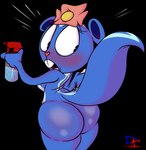 anthro big_butt black_background blue_body blue_fur blush buckteeth butt female flower_accessory fur looking_back rear_view simple_background solo spray_bottle surprised_expression teeth wash_cloth wide_hips worried silentjack happy_tree_friends petunia_(htf) mammal mephitid skunk 2021 colored hi_res unavailable_at_source