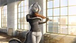 5_fingers anthro black_nose bowed_string_instrument clothed clothing detailed_background female fingers fur grey_body grey_fur musical_instrument smile solo standing string_instrument violin oini canid canine mammal 16:9 digital_media_(artwork) hi_res widescreen