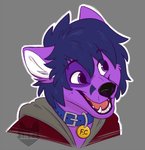 anthro blue_hair clothing collar fur hair male open_mouth purple_body purple_fur purple_skin simple_background solo intifox montyfox canid canine fox mammal