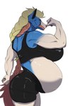 anthro back_muscles belly big_belly big_breasts blonde_hair blue_body blue_fur bottomwear bra breasts butt clothing female flexing fur hair huge_belly huge_breasts multicolored_body multicolored_fur muscular muscular_anthro muscular_female navel outie_navel pink_nose pokemorph pregnant pregnant_anthro pregnant_female shorts solo sports_bra two_tone_body two_tone_fur underwear white_body white_fur miuraon nintendo pokemon generation_8_pokemon legendary_pokemon pokemon_(species) zacian hi_res