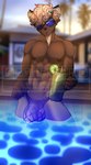 abs anthro athletic athletic_anthro athletic_male balls_outline beverage big_bulge blurred_background bulge clothed clothing detailed_bulge eyewear genital_outline glasses hair hair_over_eye holding_beverage holding_glass holding_object lime_slice looking_at_viewer male muscular muscular_male nipples one_eye_obstructed partially_submerged penis_outline solo standing swimming_pool underwear underwear_only water castbound mammal mustelid distracting_watermark hi_res watermark