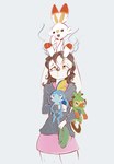 ambiguous_gender anthro brown_hair clothed clothing female floppy_ears group hair open_mouth simple_background starter_trio alasou nintendo pokemon alissa_(alasou) generation_8_pokemon grookey lagomorph leporid mammal pokemon_(species) primate rabbit reptile scalie scorbunny sobble 2019 hi_res