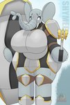 anthro armor belly big_belly big_breasts big_ears big_feet big_hands black_clothing black_suit blue_eyes blush blush_lines bodily_fluids body_blush boob_armor breast_armor breasts butt clothed clothing elephant_toe_hands elephant_toes feet female gold_(metal) grey_armor grey_body hairless huge_breasts larger_female looking_away mace melee_weapon mouthless nails nervous nervous_sweat overweight overweight_anthro overweight_female proboscis_(anatomy) shield shy simple_background size_difference slightly_chubby slightly_chubby_female solo suit sweat sweaty_face tall text thick_arms thick_thighs trunk trunk_(anatomy) tusks weapon wide_hips pawronik shymee_(pawronik) elephant elephantid mammal proboscidean absurd_res digital_media_(artwork) hi_res