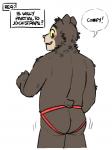 anthro blush clothed clothing dialogue grin jockstrap looking_back male smile solo text topless underwear wiggle artdecade willy_(artdecade) bear mammal sloth_bear ursine comic english_text