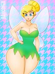 big_breasts blonde_hair blue_background blue_eyes breasts cleavage clothed clothing dress eyelashes female front_view green_clothing green_dress hair hand_on_hip humanoid_pointy_ears insect_wings pattern_background pink_background pointy_ears simple_background solo tan_body tan_skin thick_thighs wide_hips wings darconiix peter_pan tinker_bell_(disney) fairy humanoid winged_humanoid hi_res