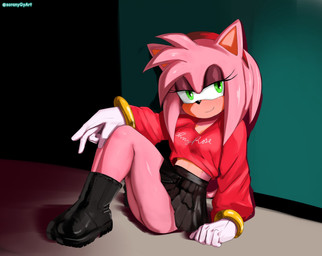 anthro boots bottomwear breasts clothed clothing female footwear fur gloves green_eyes hair handwear looking_at_viewer pink_body shoes simple_background skirt smile solo text text_on_clothing text_on_topwear topwear soranygyart sega sonic_the_hedgehog_(series) amy_rose eulipotyphlan hedgehog mammal digital_media_(artwork) hi_res