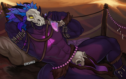 abs anthro beads bird_skull bone bone_accessory bone_armor bone_mask drakons_(goldlord100) feather_crown feather_tuft feathers glowing glowing_eyes glowing_fluid holding_object holding_potion inside_tent leaning leaning_backward leaning_on_pillow leather leather_strap light_armor looking_at_viewer lying male mask muscular muscular_male on_back pillow potion purple_body skull skull_mask solo straps tent tuft yellow_eyes caesarus terraria witch_doctor_(terraria) lihzahrd lizardman scalie 16:10 absurd_res hi_res widescreen