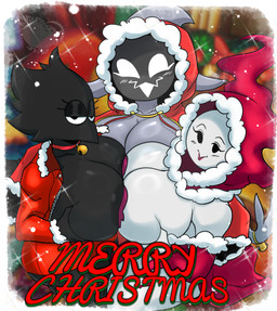 anthro areola big_breasts biped black_body breast_squish breasts breasts_frottage butt clothed clothing eyelashes female female/female glistening glistening_body group high-angle_view holidays looking_at_viewer mouth_closed pupils red_clothing smile squish thick_thighs trio white_body jyto christmas avian bird humanoid hi_res