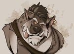 anthro brown_body brown_fur ear_piercing ear_ring facial_tuft fur hair male open_mouth open_smile orange_sclera piercing ring_piercing simple_background smile solo teeth tongue tongue_out tuft tusks dead_stray_bear rigger_(dead_stray_bear) gnoll hyena mammal bust_portrait hi_res portrait