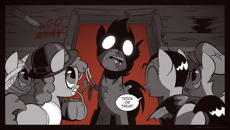 ambiguous_gender blood bodily_fluids clothing eyelashes eyes_closed female feral fur glowing glowing_eyes group hair hat headgear headwear holidays knife male smile standing text wandrevieira1994 halloween hasbro my_little_pony fan_character mummy undead vampire zombie comic english_text hi_res one_panel_comic