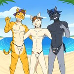 anthro backwards_cap backwards_hat balls beach blue_eyes blue_sky brown_eyes buckteeth circumcised clothed clothing cloud exhibitionism front_view genitals group hands_behind_back hat headgear headwear humanoid_genitalia humanoid_penis ineffective_clothing male male/male nipples nude nude_anthro penis penis_poking_out pose posing_for_picture pubes public public_exposure public_nudity rat_tail sand sea skimpy sky smile smiling_at_viewer tail teeth thong thong_only topless translucent translucent_clothing trio underwear underwear_only water fuze kaden_(texnatsu) shane_(texnatsu) canid canine canis felid feline mammal mouse murid murine pantherine rodent tiger wolf 1:1 hi_res