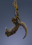 anthro balls bdsm black_body black_scales bondage bound breath fog genitals male nude orange_stripes restraints rope rope_bondage rope_harness scales solo stripes submissive submissive_male suspended_in_midair tail upside_down yellow_rope ponynok lizard reptile scalie digital_media_(artwork) digital_painting_(artwork) hi_res