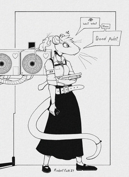 ambiguous_gender anthro armband belt bottomwear buckteeth cellphone choker clothed clothing dialogue duo electronics equipment eyes_closed female footwear fully_clothed gun hair harness heart_symbol jewelry necklace phone ranged_weapon shoes shotgun sitting skirt speech_bubble standing teeth text weapon whiskers gompami mammal murid murine rat rodent 2026 english_text hi_res