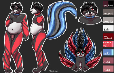4_toes anthro biped circumcised collar feet flaccid fluffy fluffy_tail fur genitals humanoid_genitalia humanoid_penis looking_at_viewer male markings multi_tail nude penis red_eyes slightly_chubby solo standing tail text toes thekinkfairy rohan bear canid canine fox giant_panda hybrid mammal procyonid raccoon 2015 absurd_res english_text hi_res model_sheet source_request