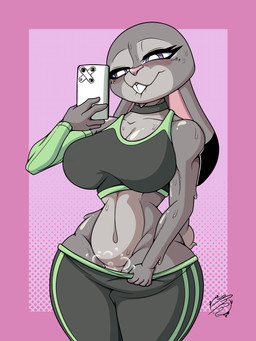 5_fingers abs anthro athletic_wear big_breasts bite biting_lip blush bodily_fluids bottomwear bra breasts buckteeth clothed clothing electronics eyebrows feet female fingers glistening grey_body gym_bottomwear gym_shorts huge_breasts huge_hips huge_thighs musk open_mouth phone pink_nose purple_eyes shorts solo sports_bra steam sweat sweatdrop teeth thick_thighs toes underwear wide_hips reymonrr disney zootopia judy_hopps lagomorph leporid mammal rabbit absurd_res hi_res