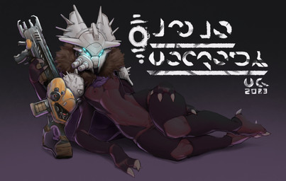 4_arms 4_eyes armor blue_eyes bottomless breasts cape clothed clothing female genitals glowing glowing_eyes gun hand_on_hip headgear helmet holding_gun holding_object holding_ranged_weapon holding_weapon looking_at_viewer multi_arm multi_eye multi_limb navel nipples non-mammal_breasts non-mammal_nipples pauldron ranged_weapon reclining solo vulva weapon cjfurs bungie destiny_(series) alien arthropod eliksni insect absurd_res hi_res