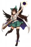 :d accessory arm_cannon big_breasts black_body black_feathers bottomwear breasts brown_hair cape clothed clothing feathered_wings feathers female hair hair_accessory hair_ribbon legwear long_hair open_mouth red_eyes ribbons shirt skirt smile solo teeth thigh_highs topwear wings houtengeki touhou utsuho_reiuji animal_humanoid avian avian_humanoid humanoid 2:3 hi_res