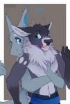 2016 anthro antlers black_nose blue_eyes border boxer_briefs brown_background clothed clothing colarix deer dialogue digital_media_(artwork) dragon duo embrace english_text front_view fur furred_dragon furred_scalie gloves_(marking) hi_res horn hug hugging_from_behind joona_(colarix) male male/male mammal markings mythological_creature mythological_scalie mythology navel neck_tuft nude open_mouth scalie signature simple_background surprise sven_(notsafeforhoofs) tail text topless tuft underwear white_border