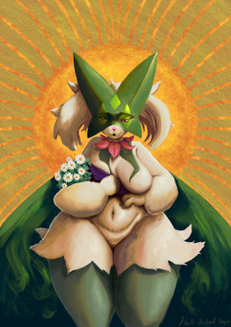 anthro biped bouquet breasts cape clothing daisy_(flower) featureless_breasts female female_anthro flower fur green_body green_cape green_clothing green_fur green_mask hair holding_bouquet holding_flower holding_object looking_away pink_nose plant solo white_body white_fur white_hair halfbaked-hope nintendo pokemon generation_9_pokemon meowscarada pokemon_(species) 2026 absurd_res hi_res signature