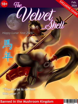 anthro anus balls bodily_fluids bow_tie brown_body butt clothing dancing dripping equine_anus fire genital_fluids genitals gold_(metal) gold_jewelry hand_on_penis holidays jewelry male moon mostly_nude muscular muscular_anthro muscular_male nipples penis pole pole_dancing precum precum_drip precum_string precum_through_clothing precum_through_underwear presenting presenting_anus presenting_hindquarters red_string smile smiling_at_viewer text underwear wet wet_clothing ben_d_koopa benediktus_(artist) asian_mythology chinese_mythology chinese_new_year chinese_zodiac east_asian_mythology lunar_new_year mythology equid equine horse mammal 2026 3:4 absurd_res cover digital_drawing_(artwork) digital_media_(artwork) english_text hi_res magazine_cover watermark