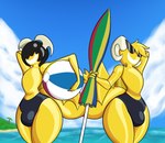 ball beach beach_ball beach_umbrella bulge clothing duo inflatable male parasol seaside speedo sunnification swimwear tail thick_tail thick_thighs king_of_sorrow_(artist) fan_character sunny_miami demon