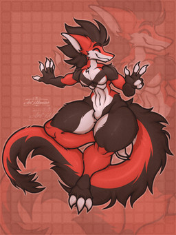 3_toes 5_fingers anthro big_ears big_tail black_body black_fur black_hair bottom_heavy bulge claws eyes_closed feet femboy fingers front_view fur gesture hair hand_gesture happy male multicolored_body multicolored_fur plantigrade pose red_body red_fur shortstack shortstack_male slightly_chubby small_bulge small_waist smile solo tail thick_thighs toes v_sign white_body white_fur wide_hips art_imaniac mythology burningclay dragon furred_dragon furred_scalie humanoid mythological_creature mythological_scalie scalie 3:4 hi_res model_sheet sketch