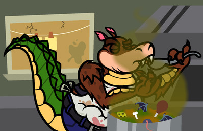 4_fingers anthro apron arm_tuft arms_bent belt belt_buckle black_belt black_claws blue_bottomwear blue_clothing blue_pants bone bottomwear brown_body brown_eyebrows brown_fur brown_wall buckle cheese claws clothed clothed_anthro clothed_male clothing cooking cooking_pot cracked_wall cutlery dairy_products eyebrows eyes_closed fangs fingers fluffy_arms food fur green_scutes green_tail green_wall holding_spoon inside kitchen_utensils long_tail male male_anthro notched_ear note pants pink_inner_ear pockets scales scutes shoulder_tuft sniffing solo spoon stained_clothing stew tail tan_body tan_skin teeth thick_eyebrows tools tuft two_tone_tail wall_(structure) white_apron white_clothing window yellow_body yellow_scales yellow_tail captainquack64 activision crash_bandicoot_(series) dingodile canid canine canis crocodile crocodilian dingo hybrid mammal reptile scalie 2024 digital_drawing_(artwork) digital_media_(artwork) english_description flat_colors half-length_portrait hi_res portrait