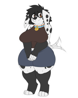 anthro aroace_pride_colors black_hair bottomwear breasts brown_eyes clothing collar digitigrade female front_view fur hair huge_hips huge_thighs hyper hyper_hips hyper_thighs lgbt_pride pride_colors shorts simple_background solo standing tail tail_motion tailwag thick_thighs white_background white_body white_fur wide_hips robertge jason_markova canid canine canis dalmatian domestic_dog mammal 2023 digital_media_(artwork)