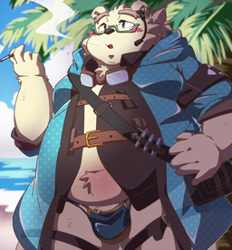 anthro beach belly belt blush bulge cigarette clothing eyewear fupa fur glasses goggles jacket male navel overweight smoking solo speedo swimwear thigh_strap topwear white_body white_fur 810_snafking lifewonders tokyo_afterschool_summoners leib_(tas) bear mammal polar_bear ursine hi_res