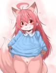 ahoge anthro biped blush bottomless clothed clothing clothing_lift dress dress_lift female genitals hair looking_at_viewer pussy smile solo standing text young young_anthro koishi_chikasa strawberry_(koishi_chikasa) canid canine canis domestic_dog mammal hi_res japanese_text translated