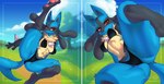 anthro blue_body bra breasts clothing female medium_breasts multicolored_body navel panties pose raised_leg red_eyes seductive side_boob solo spread_legs spreading under_boob underwear purrynx nintendo pokemon generation_4_pokemon lucario pokemon_(species) hi_res pinup