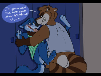 3_toes 4_fingers anal anal_penetration anthro anthro_on_anthro anthro_penetrated anthro_penetrating anthro_penetrating_anthro asphyxiation balls black_bars black_nose blue_body blue_fur blush bodily_fluids brown_body brown_fur bully bullying butt choking clenched_teeth clothing cum cum_inside cum_on_face dirty_talk duo erection feet fingers fur genital_fluids genitals high_school high_school_student interspecies jockstrap larger_anthro larger_male locker_room male male/male male_penetrated male_penetrating male_penetrating_male multicolored_body multicolored_fur penetration penile penile_penetration penis penis_base penis_in_ass pinned school sex shirt size_difference smaller_anthro smaller_male stand_and_carry_position standing standing_sex stripes submissive submissive_male tank_top teeth text toes topwear underwear white_body white_fur rotten_robbie harrison-raccoon robbie_(rotten_robbie) canid canine canis domestic_dog mammal procyonid raccoon wolf 4:3 absurd_res digital_media_(artwork) english_text flat_colors hi_res letterbox