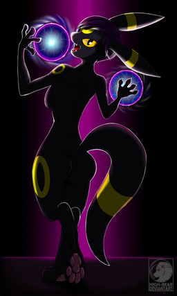 anthro anthrofied butt collar dark female hair looking_back magic pawpads paws pokemorph purple_hair solo yellow_sclera high-bear nintendo pokemon canid canine eeveelution generation_2_pokemon mammal pokemon_(species) umbreon colored