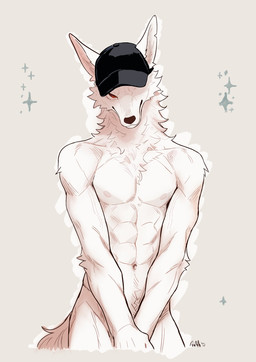 anthro athletic athletic_male clothing fur hat headgear headwear male muscular nipples nude solo white_body white_fur anthon0331 canid canine canis fox hybrid mammal wolf hi_res