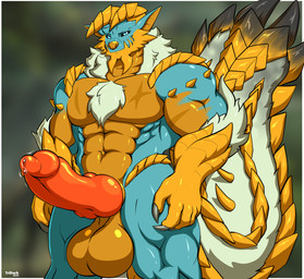 abs animal_genitalia animal_penis anthro arm_spikes balls big_balls big_penis big_tail blue_body blue_eyes blue_scales bodily_fluids burn_mark burnt_fur canine_genitalia canine_penis chest_tuft chin_spikes claws cum cum_drip dripping erection facial_scar facial_spikes fur genital_fluids genitals gold_scales horn huge_balls huge_penis knot knotted_penis long_ears looking_at_viewer male mature_anthro mature_male multicolored_body multicolored_scales muscular muscular_anthro muscular_male neck_tuft pec_scar penis precum precum_drip pupils scales scar scars_all_over sharp_teeth shoulder_spikes slit_pupils smile snout snout_scar solo spiked_tail spikes spikes_(anatomy) tail teeth thick_thighs throbbing throbbing_penis tuft white_body white_fur yellow_body yellow_scales tridark capcom monster_hunter fan_character fanged_wyvern zinogre hi_res story story_in_description