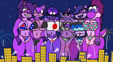 anthro australian_flag big_breasts bikini breasts clothing female fireworks group japanese_flag macro pattern_clothing swimwear two-piece_swimsuit ava_nightcap electronic_arts mario_bros nintendo plants_vs._zombies plants_vs._zombies_heroes pokemon popcap_games nightcap_(pvz) canid canine dragon_koopa eeveelution felid feline generation_1_pokemon koopa mammal pokemon_(species) purple_yoshi scalie vaporeon yoshi hi_res
