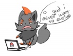 ambiguous_gender computer d: electronics feral internet laptop solo tail text the_truth kaittycat nintendo pokemon canid canine generation_5_pokemon mammal pokemon_(species) zorua english_text