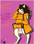 ^u^ anthro blush border clothed clothing clothing_lift dialogue genitals long_mane male offscreen_character penis pink_background simple_background small_penis solo tapering_penis text white_border malphas_(artist) arc_system_works blazblue jubei_(blazblue) beastkin felid feline mammal absurd_res hi_res