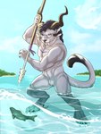 4_ears 4_horns anthro beach claws detailed_background female fishing flat_chested fur genitals horn melee_weapon multi_ear multi_horn muscular muscular_female nude polearm pussy sea seaside solo spear spearfishing standing water weapon white_body white_fur khurje guild_wars charr felid fish mammal marine 2022 3:4 absurd_res hi_res